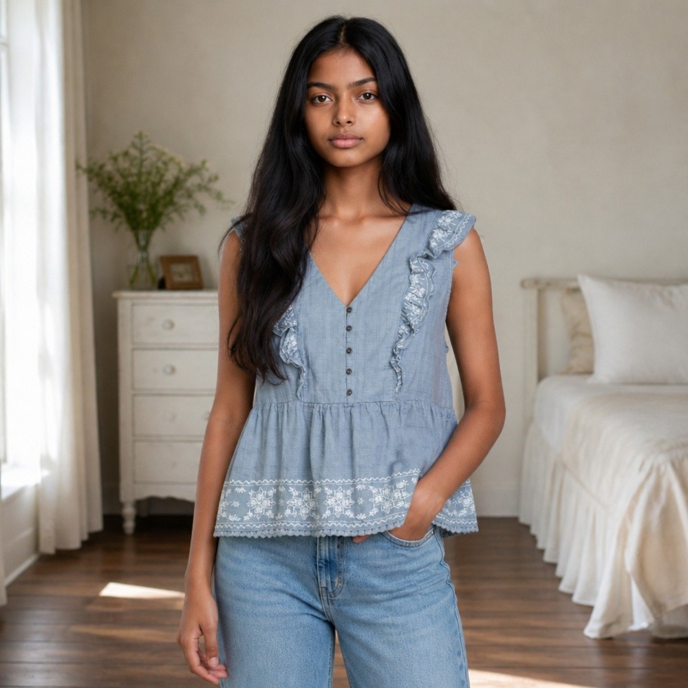 Knox Rose Light Blue Ruffle V-Neck Embroidered Peplum Top